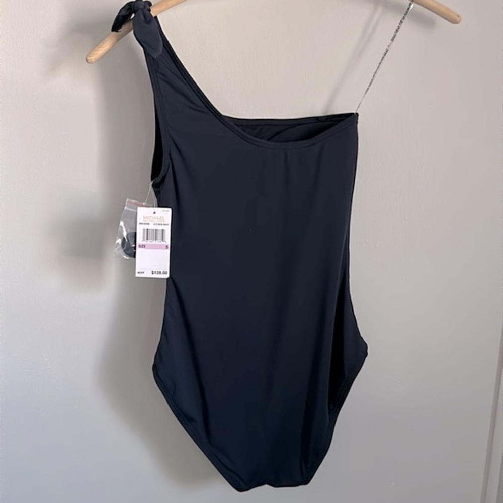 New MICHAEL Michael Kors Asymmetrical One Shoulder Solid Navy Bathing Suit - Picture 8 of 9